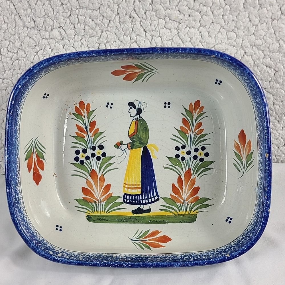 Henriot Quimper France Hand Painted Breton Woman Rectangular Dish 475 Blue White